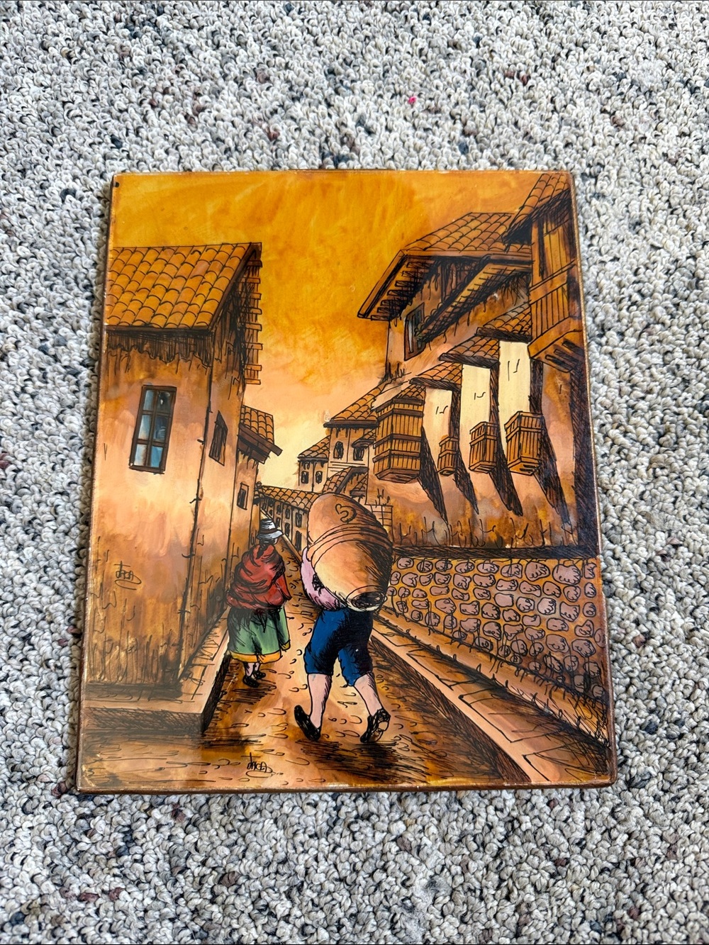 Vintage Colombian Folk Art Reverse Glass Painting Colonial Street Scene El Zoque